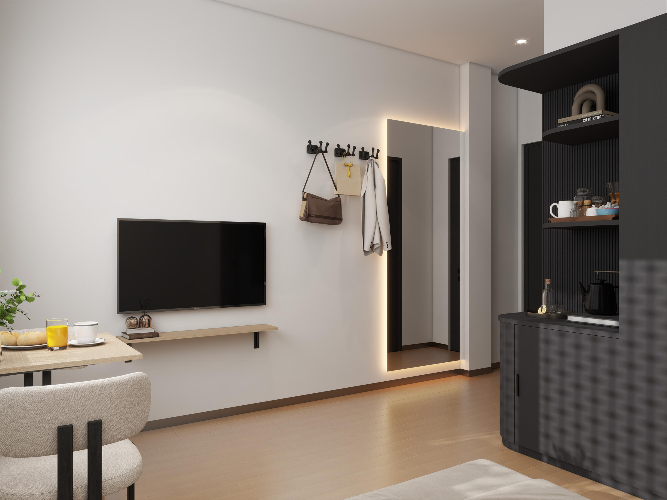 Alternate residence interior at WITHIN with TV wall and balcony light